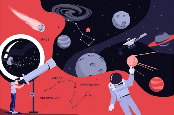 Composición Collage Plano Industria Espacial Con Doodle Man Buscando Astronauta — Vector de stock