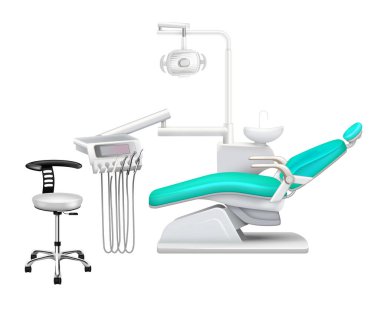Dental office furniture tools equipment realistic set with instruments cabinet surgical light chair drill vector illustration clipart