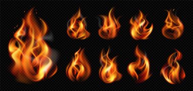 Gerçekçi alev alev şeffaf simgesi koyu arkaplan vektör illüstrasyonunda 9 ayrı mini yangın ayarladı