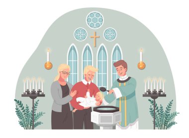 Papazın bebek vektör illüstrasyonunu vaftiz ettiği Hristiyan kilise karikatürü sahnesi