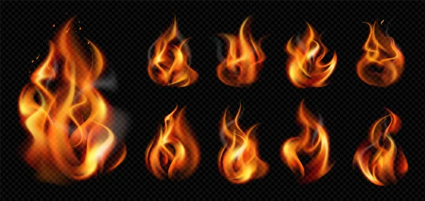 現実的な炎の透明アイコンセット暗い背景ベクトルイラスト上の9つの孤立ミニ火災 — ストックベクタ