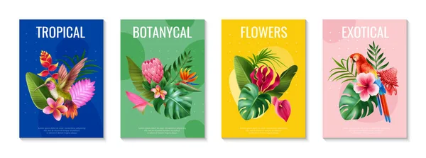Dört Gerçekçi Egzotik Çiçek Posteri Tropikal Botanik Çiçekler Ekzotik Başlıklar — Stok Vektör