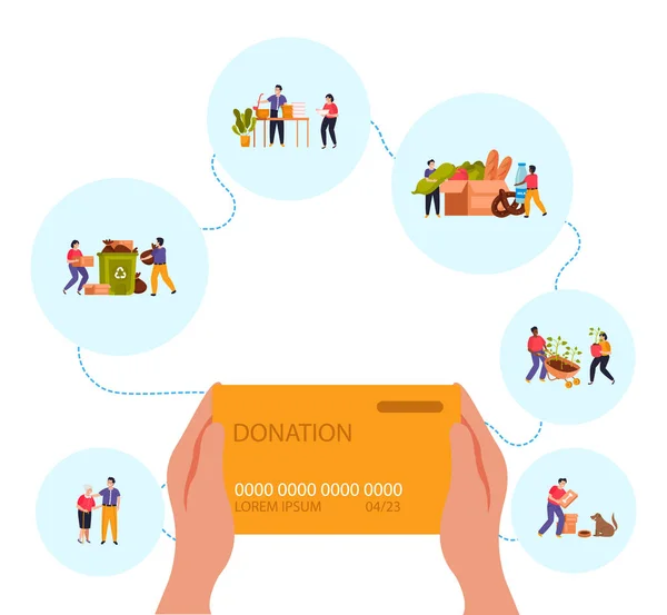 Adományozás Önkéntes Munka Lapos Koncepció Bankkártyával Kezében Ikonok Mellett Vektor — Stock Vector