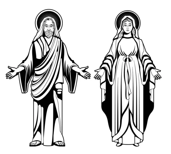 stock vector Jesus virgin mary drawing set of two isolated images with outline looks of saints for coloring vector illustration