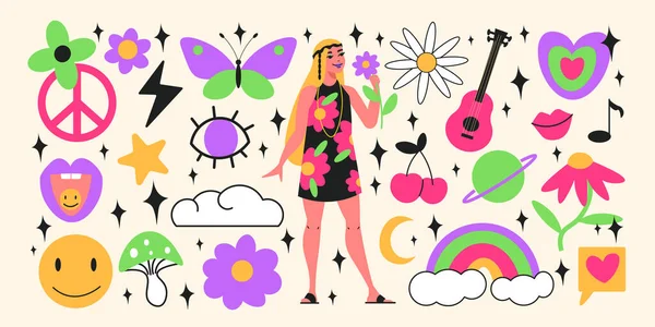 Hippie Ploché Ikony Set Dívkou Květinové Tisk Šaty Psychedelické Symboly — Stockový vektor
