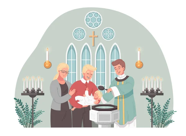 基督教教堂卡通片场景与牧师洗礼婴儿病媒图解 — 图库矢量图片
