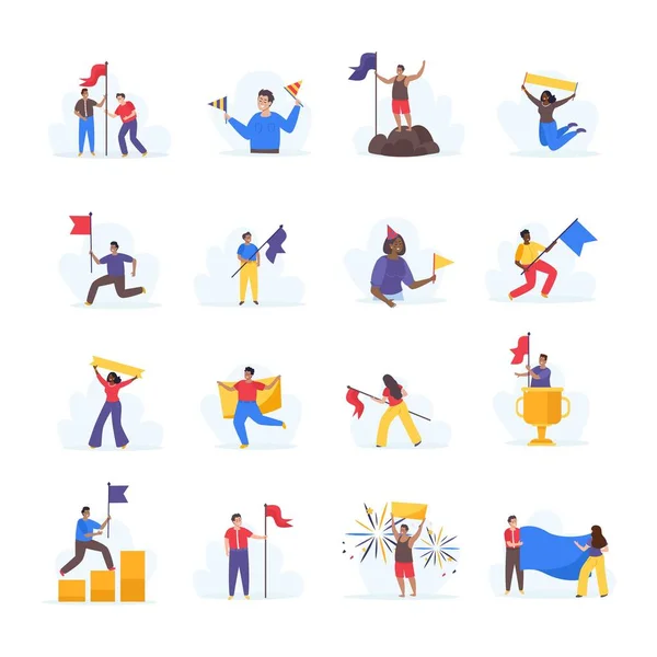Ευτυχισμένοι Άνθρωποι Πολύχρωμες Σημαίες Και Πλακάτ Επίπεδη Εικονίδια Που Απομονωμένη — Διανυσματικό Αρχείο