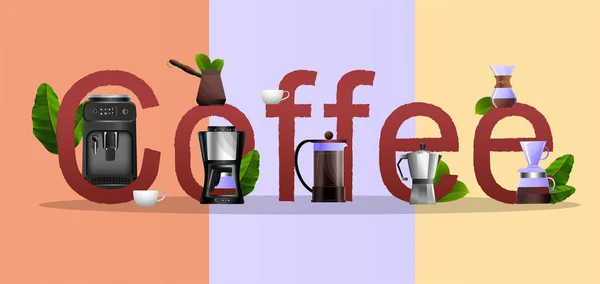 Platt Stil Typografi Affisch Med Automatisk Och Manuell Kaffeutrustning Tre — Stock vektor