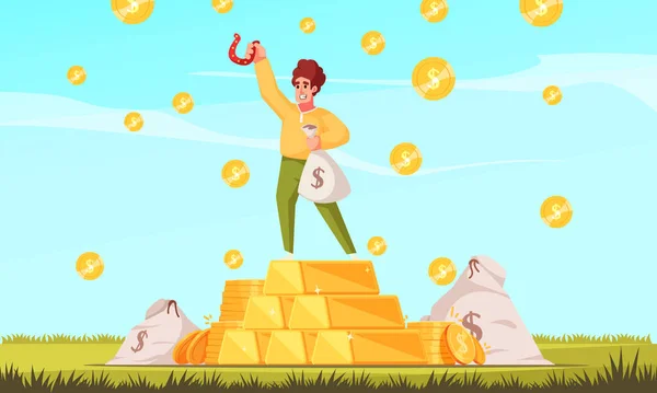 Lottogewinner Cartoon Poster Mit Glücklichem Mann Steht Auf Goldhaufen Vektor — Stockvektor