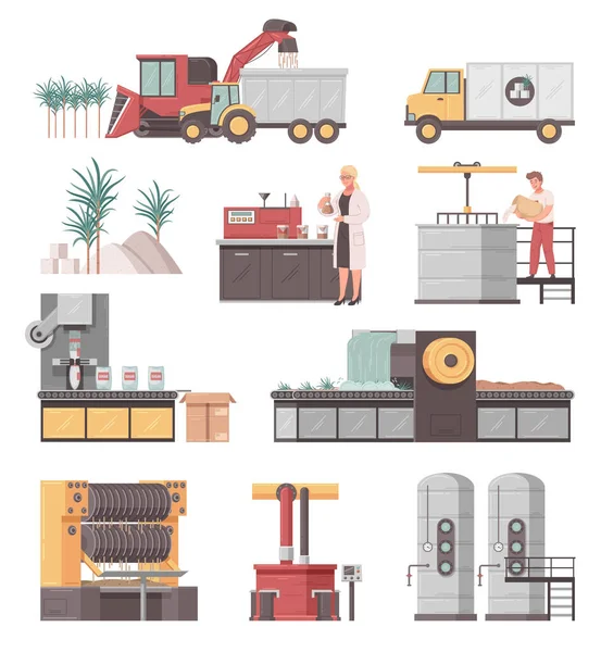 Conjunto Desenhos Animados Equipamentos Fábrica Máquinas Colheita Para Produção Açúcar —  Vetores de Stock