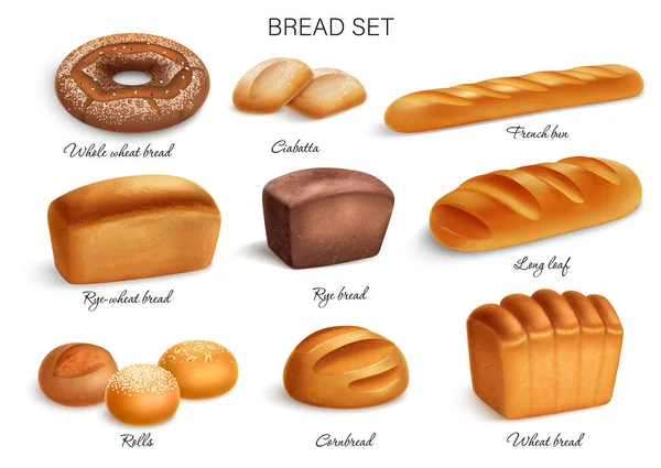 现实的面包图标 全麦黑麦面包面包 法式面包 长卷面包和玉米面包矢量图解 — 图库矢量图片