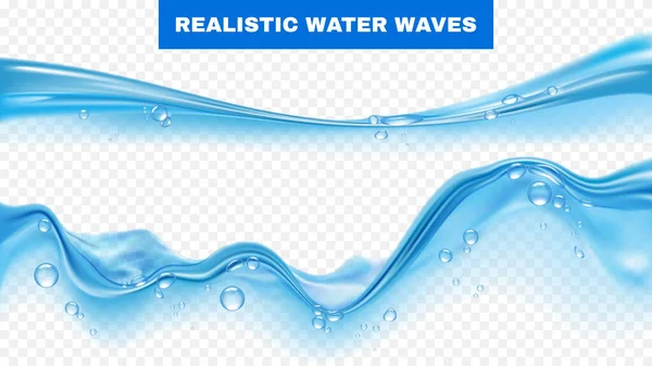 基于透明背景矢量图解的一组具有气泡的现实的蓝色水波 — 图库矢量图片