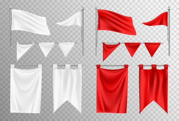 Realista Ondeando Blanco Rojo Bandera Maqueta Diferentes Formas Conjunto Aislado — Vector de stock