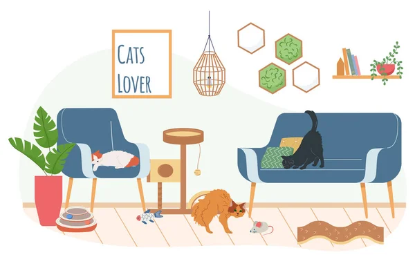猫のアクセサリーおもちゃの柔らかい家具と3つの異なる猫のベクトルのイラストと屋内風景フラット背景組成 — ストックベクタ