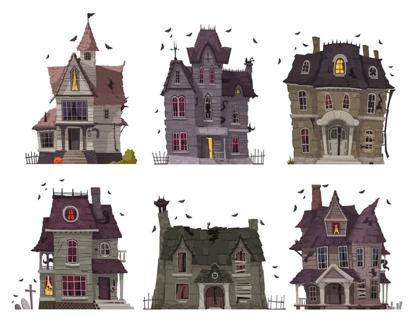 Horror Huis Cartoon Pictogrammen Set Met Eng Spookachtige Gebouwen Geïsoleerde — Stockvector
