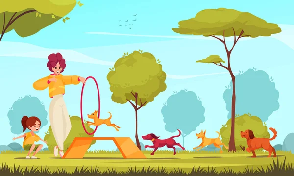 犬の遊び場の漫画のポスターとともに子犬はリングベクトルイラストをジャンプ — ストックベクタ