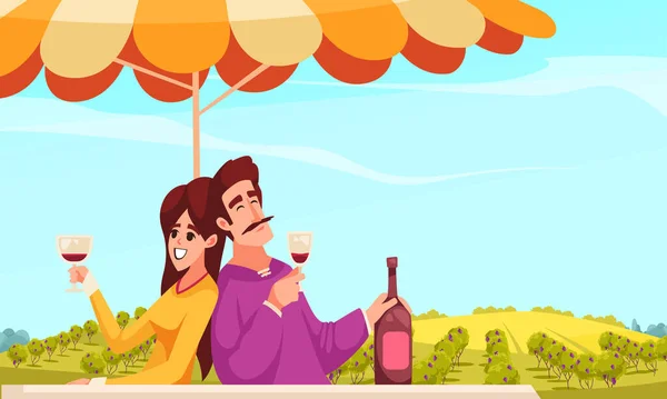 葡萄酒卡通画 年轻夫妇在户外饮酒病媒图解 — 图库矢量图片