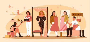 Kadın alışveriş merkezinin düz kompozisyonu üzerinde moda kıyafetleri deneyen kadın vektör illüstrasyonu