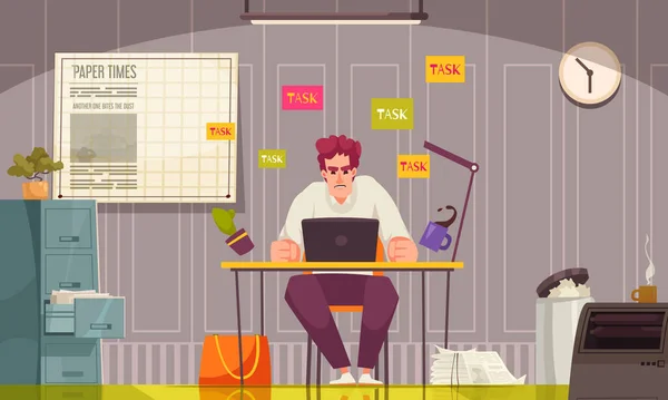 Office Stress Cartoon Concept Unhappy Overworked Man Vector Illustration — Stock Vector