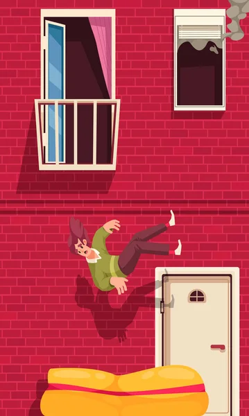 Cartel Dibujos Animados Evacuación Con Hombre Saltando Ilustración Del Vector — Vector de stock