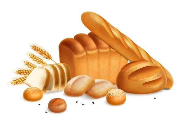 焼きたてのパンと現実的なパンの組成小麦ベクトルイラストのトースト — ストックベクタ