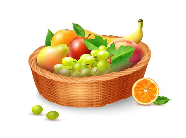 Realistic Fresh Ripe Fruits Green Leaves Wicker Basket Vector Illustration — Stock Vector