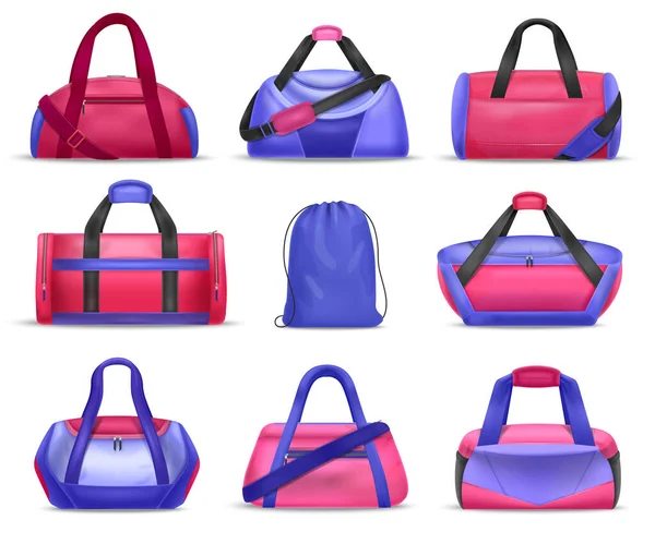 粉红色和蓝色的健身房和抽屉袋现实地设置隔离矢量插图 — 图库矢量图片