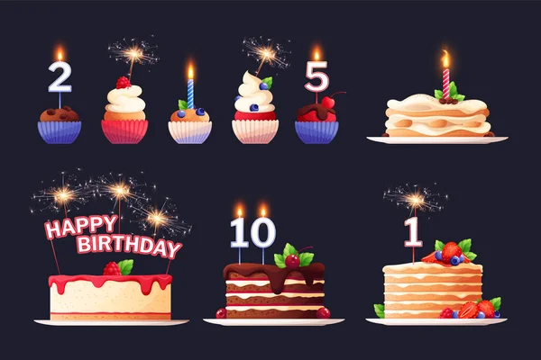 Postres Conjunto Plano Pasteles Cumpleaños Cupcakes Con Varias Coberturas Velas — Vector de stock