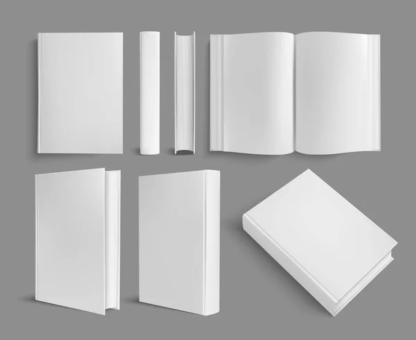 開いて閉じられた本の様々な側面のビューを持つ現実的な本のモックアップテンプレート空のページベクトル図 — ストックベクタ