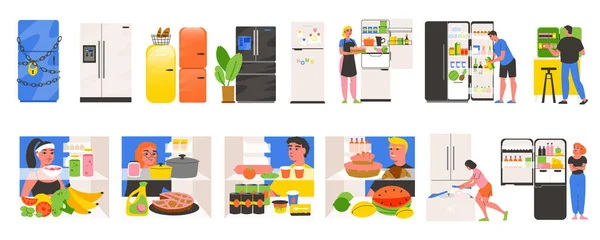 Jääkaappi Tasainen Väri Joukko Ihmisiä Ruoanlaitto Kotona Keittiössä Käyttäen Tuotteita — vektorikuva
