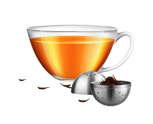 Чай Пивоварения Сумка Реалистичный Состав Прозрачной Чашкой Чая Чайных Листьев — стоковый вектор