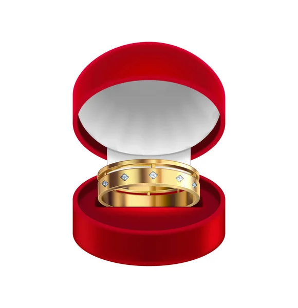 Złoty Pierścień Skład Pudełka Biżuterii Odizolowanym Realistycznym Obrazem Pustym Tle — Wektor stockowy