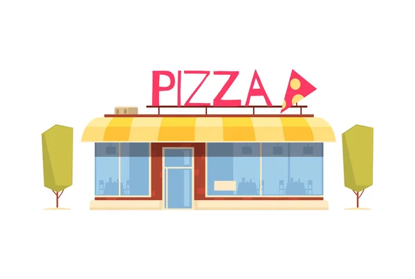 背景の空白部分に店先の孤立ビューを持つピザの組成物ベクトルイラスト — ストックベクタ