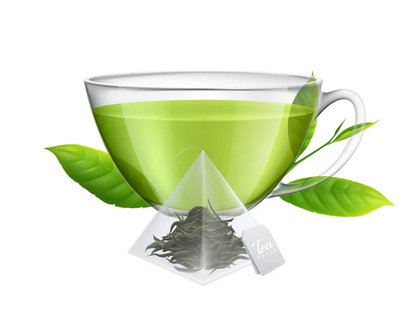 紅茶と紅茶の葉の透明なカップで現実的な組成物を黒の背景ベクトル図 — ストックベクタ