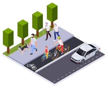 Normal spor aktivitesi insanlar izometrik kompozisyon bisiklet yolu ve yürüyen insan karakterleri vektör ilüstrasyonu ile asfalt