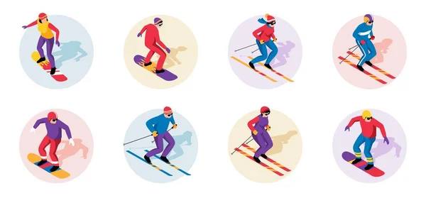 Iconos Isométricos Estación Esquí Con Deportistas Haciendo Deportes Extremos Ilustración — Archivo Imágenes Vectoriales