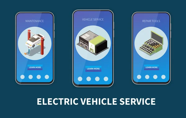 三部带有应用程序的电动汽车成套服务 提供关于维护和修理工具的信息 — 图库矢量图片