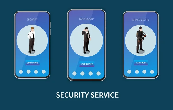 Beveiligingsdienst Set Van Drie Smartphones Met Mobiele App Met Informatie — Stockvector