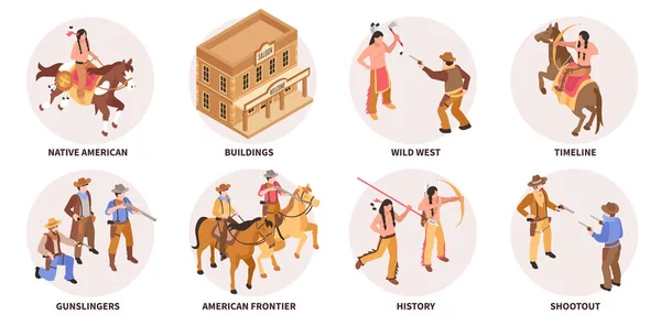 Kompozycje Izometryczne Dzikiego Zachodu Rdzennymi Amerykanami Rewolwerowcami Odizolowanymi Ilustracją Wektora — Wektor stockowy