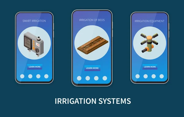 Smart Irrigation Systems Isometric Mobile App Set Information Equipment Gardening — Stock Vector