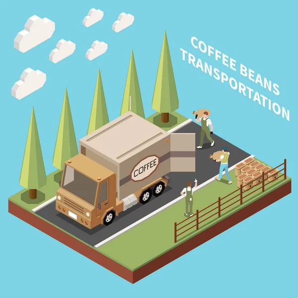 Kahve Üretimi Endüstrisi Izometrik Arka Planda Işçiler Ham Paketlenmiş Fasulye — Stok Vektör