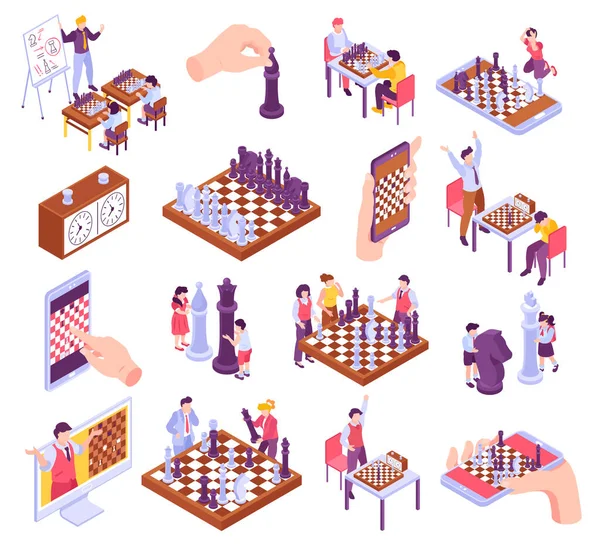 Σκάκι Ισομετρική Σετ Σκακιέρα Online Παιχνίδι Παίκτες Παιδιά Μαθαίνουν Παίζουν — Διανυσματικό Αρχείο