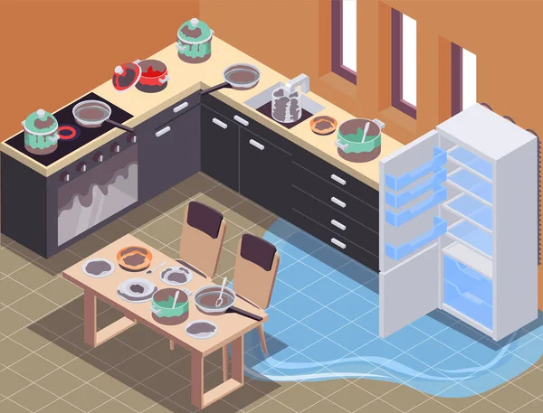Chaotisch Küche Isometrischen Hintergrund Mit Kühlschrank Und Backofen Symbole Vektor — Stockvektor