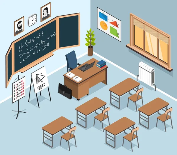 带有公式和图表矢量说明的桌椅黑板室内视图的等距数学课室内构图 — 图库矢量图片