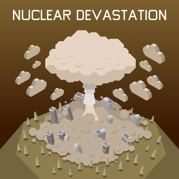 Izometrický Koncept Přírodní Katastrofy Vektorovou Ilustrací Jaderného Výbuchu — Stockový vektor