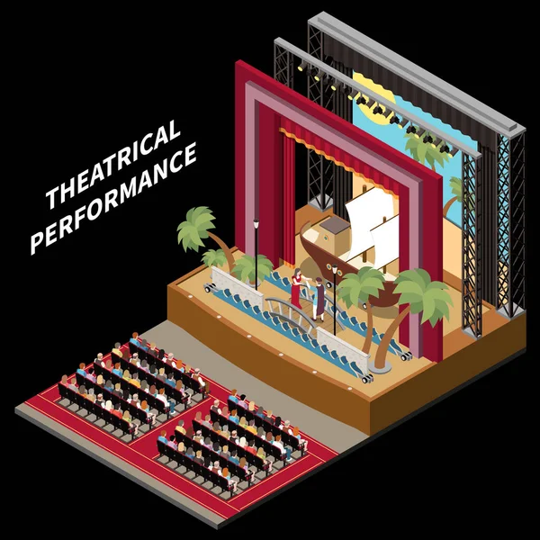Theater Interieur Podium Isometrisch Concept Met Klassieke Drama Performance Vector — Stockvector