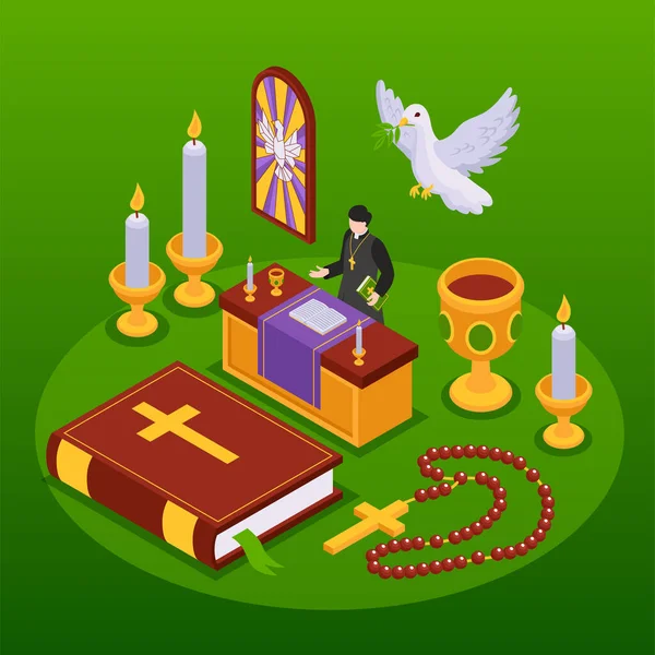 Christentum Isometrischen Hintergrund Mit Priester Predigt Predigt Bibel Brennenden Kerzen — Stockvektor