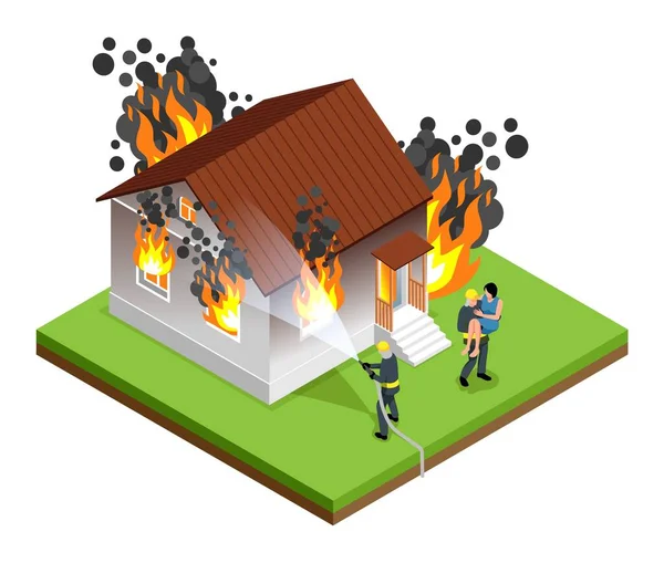 Isomico Pompiere Concetto Isolato Pompiere Spegne Casa Fiamme Residenti Della — Vettoriale Stock