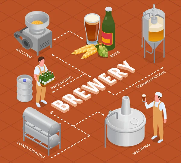 ビールホップ大麦3Dベクトルイラストの粉砕発酵マッシングボトルを調整するための機器と醸造アイソメトリックフローチャート — ストックベクタ