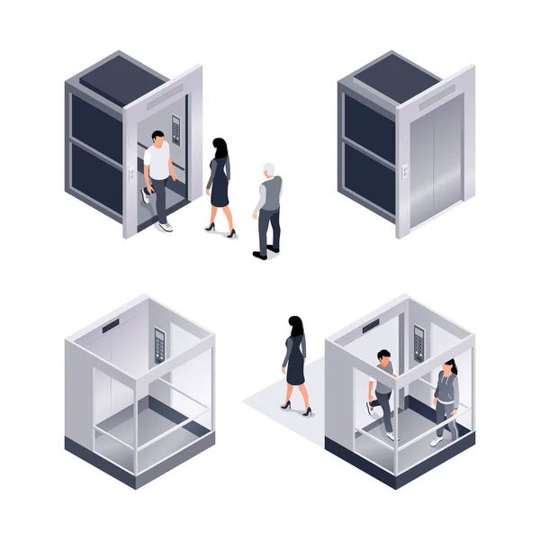 Conjunto Isométrico Iconos Aislados Con Personajes Humanos Entrando Cabinas Vidrio — Vector de stock